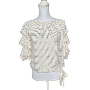 CeCe Cream and metallic gold Striped Blouse with ruffle sleeves